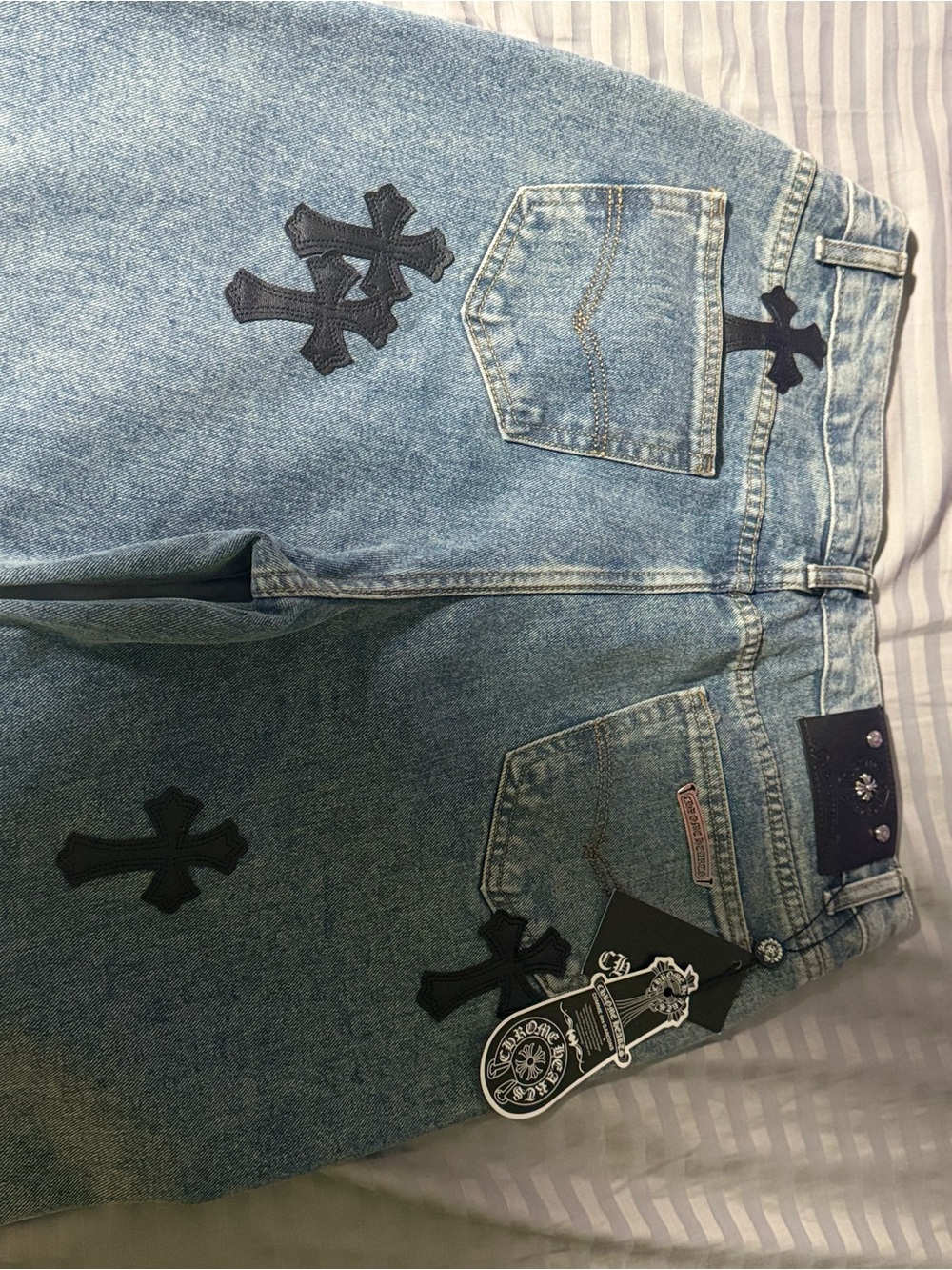 Chrome hearts Light Blue Denim Jeans with Black Patch and Tag